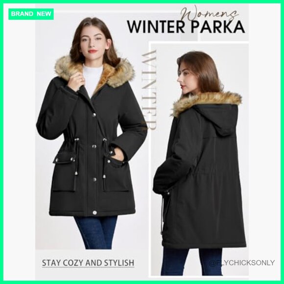 Fleece Lined Parka Jacket Hooded Warm Thicken Coat With Fur Hood - Picture 5 of 7